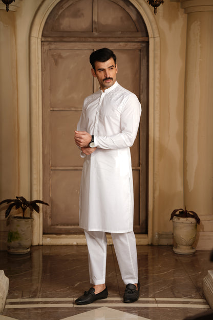 Off-White Embroidered Kameez Shalwar - Soft Fine Cotton Fabric