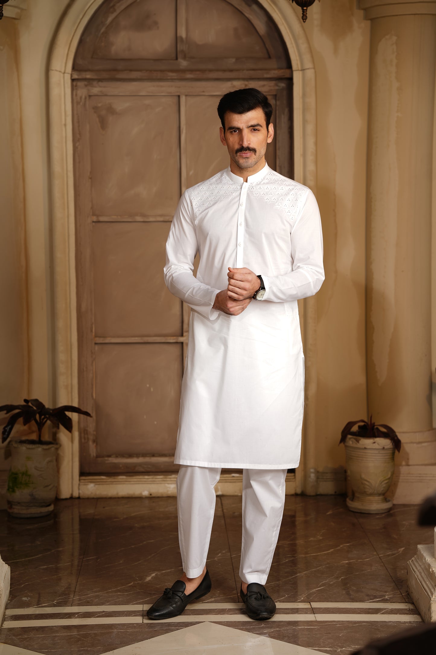 Off-White Embroidered Kameez Shalwar - Soft Fine Cotton Fabric