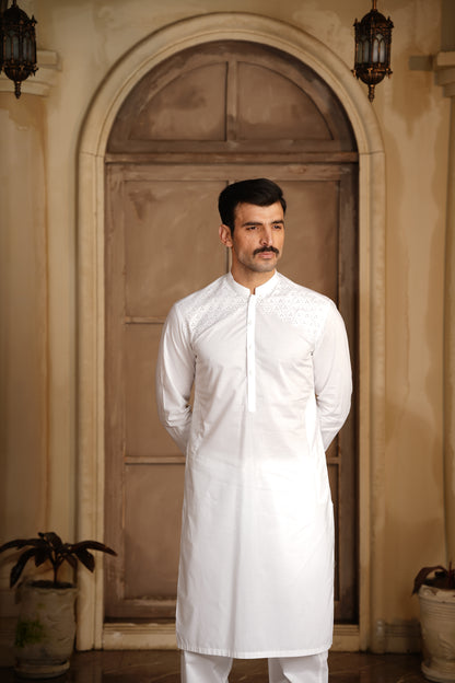 Off-White Embroidered Kameez Shalwar - Soft Fine Cotton Fabric