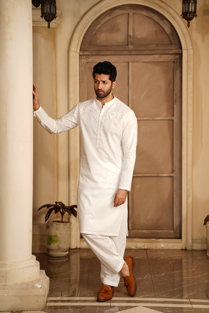 Off-White Embroidered Kameez Shalwar - Luxury Soft Fine Cotton