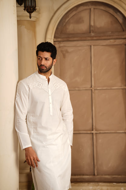 Off-White Embroidered Kameez Shalwar - Luxury Soft Fine Cotton