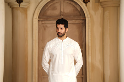 Off-White Embroidered Kameez Shalwar - Luxury Soft Fine Cotton