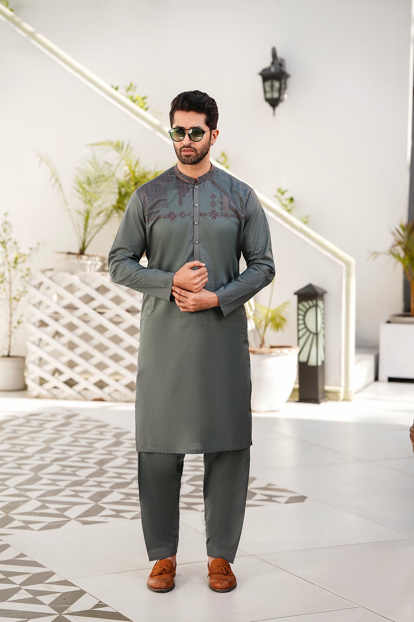 Men Charcoal Embroidered Kameez Shalwar - Soft Cotton Chest Design