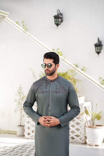 Men Charcoal Embroidered Kameez Shalwar - Soft Cotton Chest Design