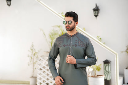 Men Charcoal Embroidered Kameez Shalwar - Soft Cotton Chest Design