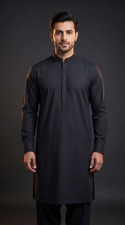 Embroidered With Semi-Tailored Pintex Work Kameez Shalwar | Premium Unstitched Fabric For Men