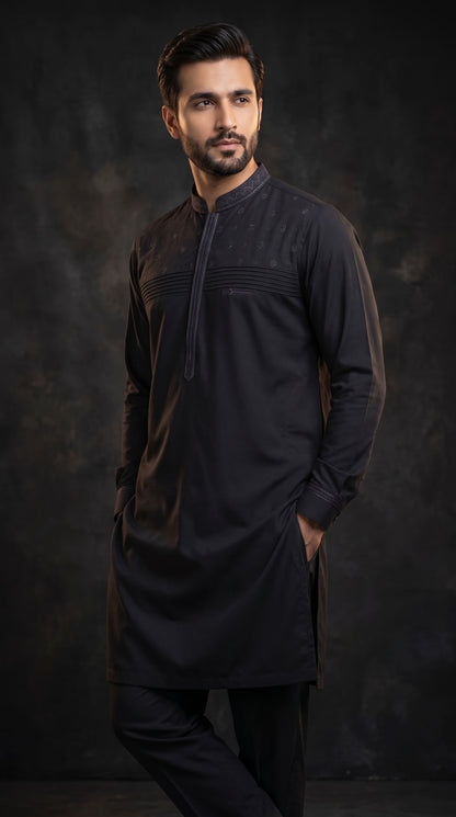 Embroidered With Semi-Tailored Pintex Work Kameez Shalwar | Premium Unstitched Fabric For Men
