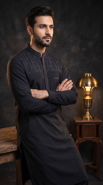 Embroidered With Semi-Tailored Pintex Work Kameez Shalwar | Premium Unstitched Fabric For Men