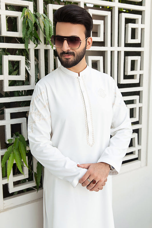 Men Embroidered Unstitch Kameez Shalwar Off-White