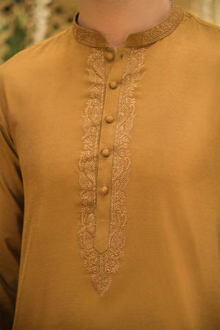 Shehnai Men Unstitch Embroidered Raw Silk Fabric Kameez Shalwar Bronze