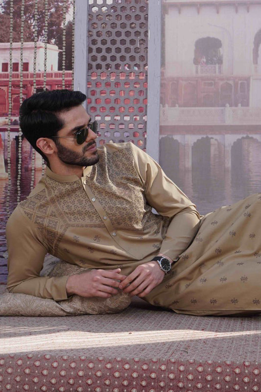 Premium  Men Embroidered Unstitch Kameez Shalwar  Warm-Tan
