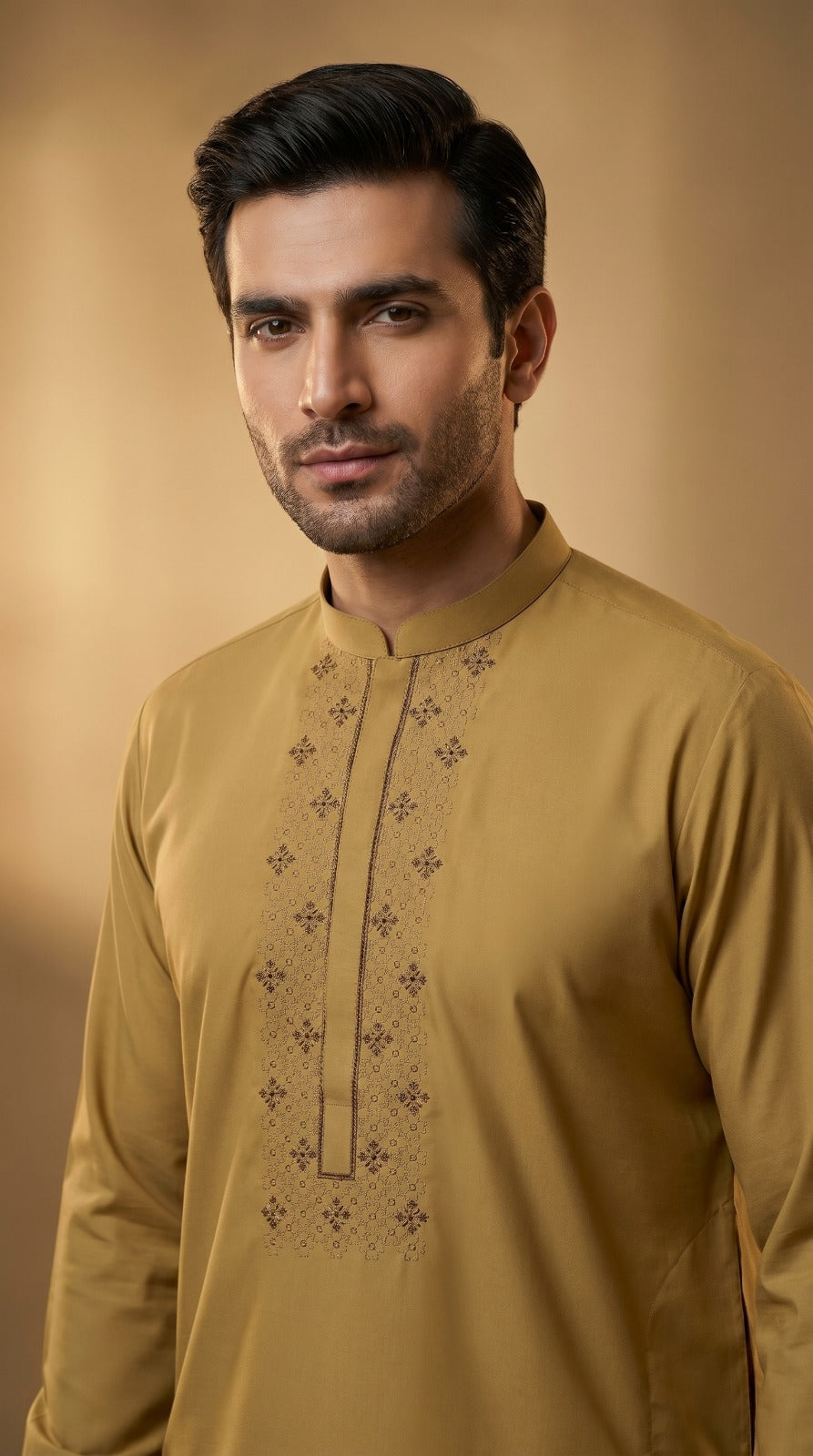 Men Unstitch Cross Stitch Embroidered Neckline Kameez Shalwar -Antique-Gold