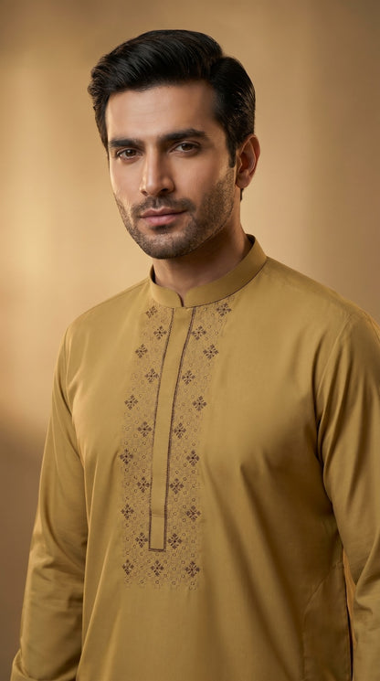 Men Unstitch Cross Stitch Embroidered Neckline Kameez Shalwar -Antique-Gold