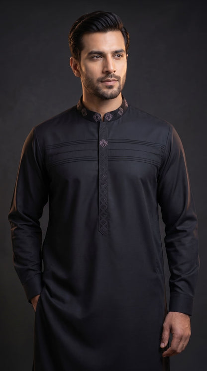 Shop Karigari by Fabrich Black Blend Wash & Wear with handmade Bann/Pocket Motif details and elegant front pintex work. Premium 4.5 Meter luxury unstitched fabric