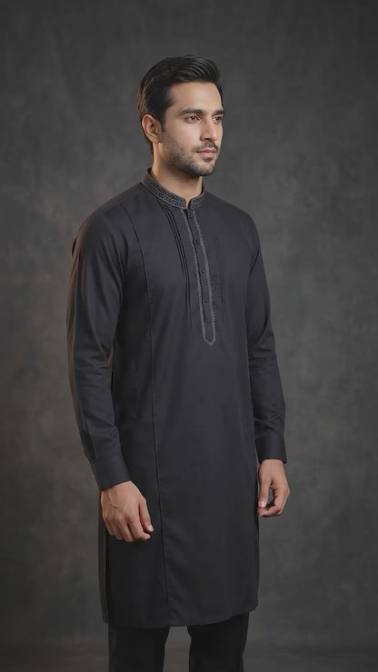 Embroidered With Semi-Tailored Pintex Work Kameez Shalwar | Premium Unstitched Fabric For Men