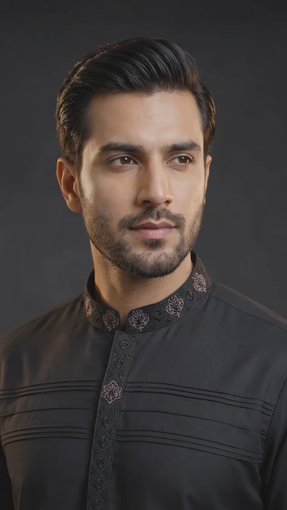 Shop Karigari by Fabrich Black Blend Wash & Wear with handmade Bann/Pocket Motif details and elegant front pintex work. Premium 4.5 Meter luxury unstitched fabric