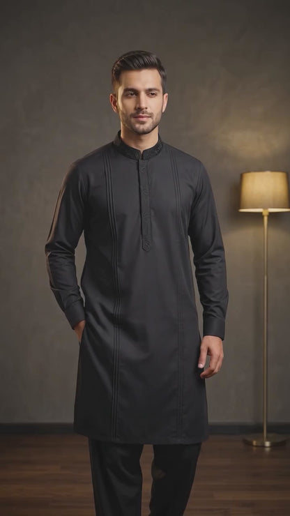 Embroidered With Semi-Tailored Pintex Work Kameez Shalwar | Premium Unstitched Fabric For Men
