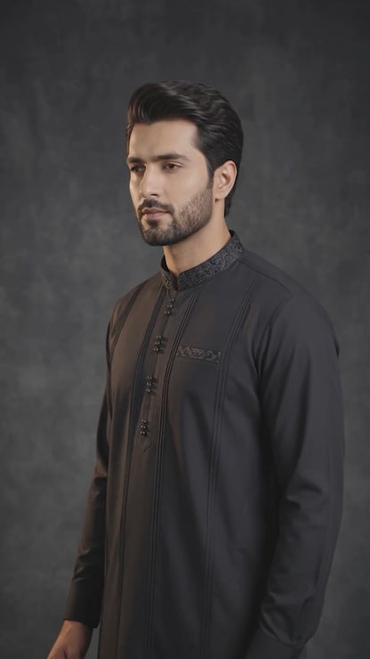 Embroidered With Semi-Tailored Pintex Work Kameez Shalwar | Premium Unstitched Fabric For Men