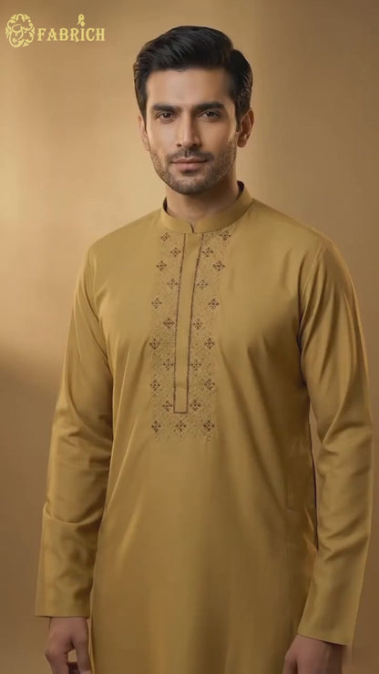 Men Unstitch Cross Stitch Embroidered Neckline Kameez Shalwar -Antique-Gold