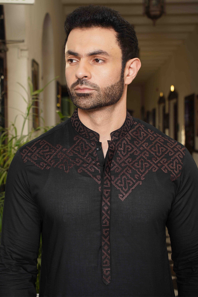 Premium Embroidered Unstitch Kameez Shalwar Black